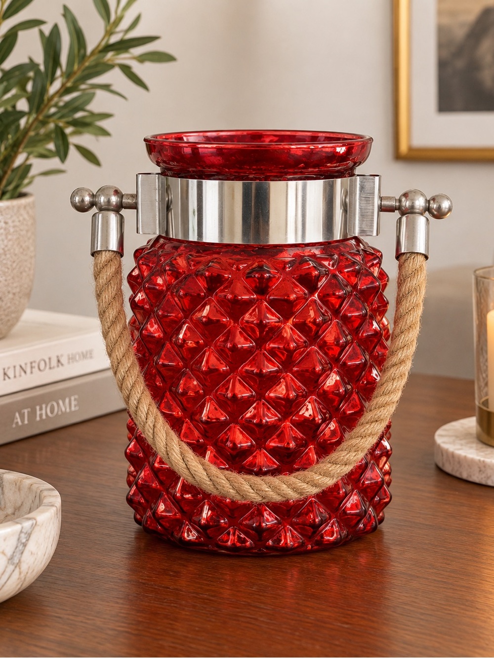 Large Red Textured Glass Lantern Candle Holder with Rope Handle